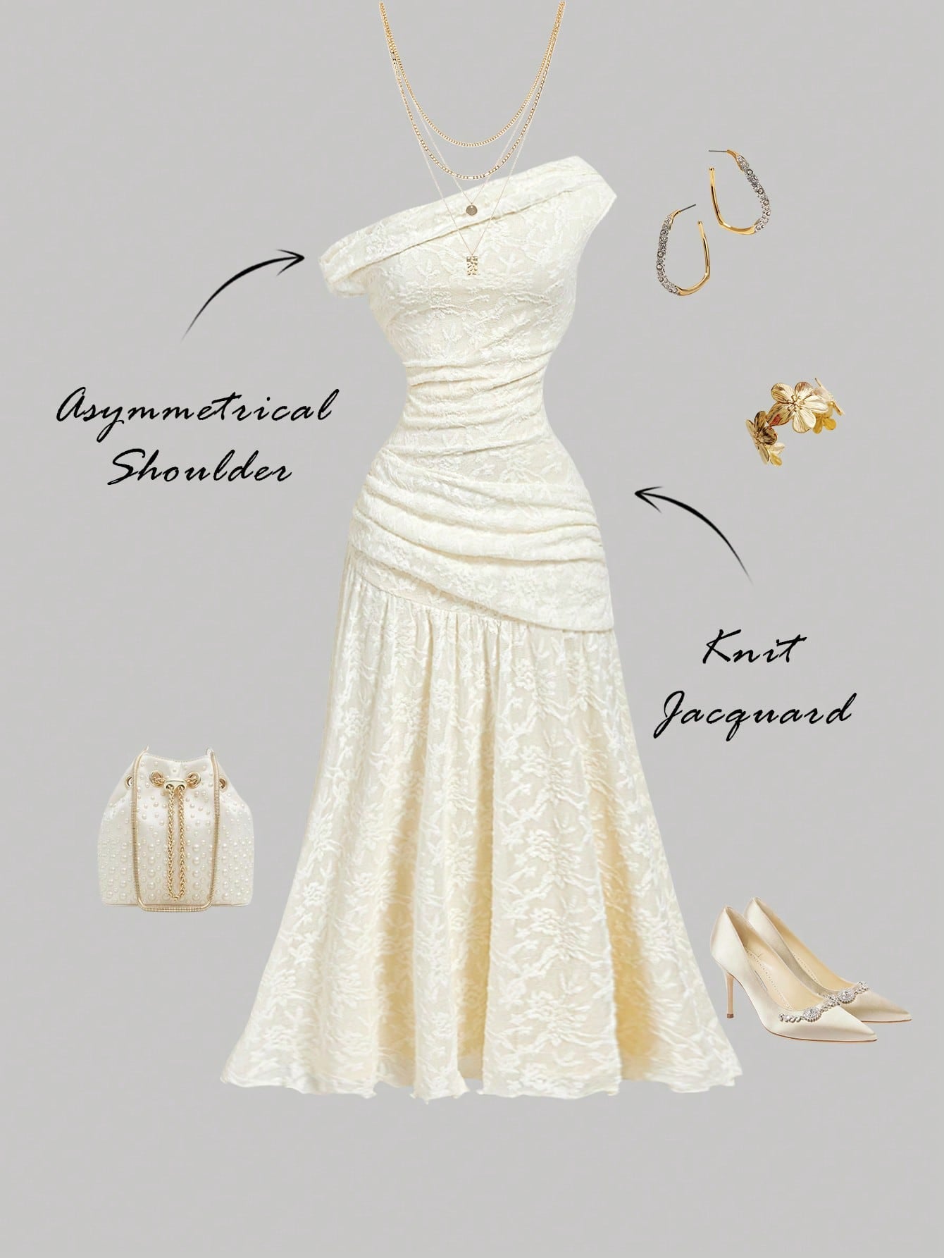 MOD Women's Elegant Romantic Cream Summer Asymmetric Long Dress,Knit Jacquard Minimalist Wedding Outfit,Wedding Guest Dinner Mother Of The Bride