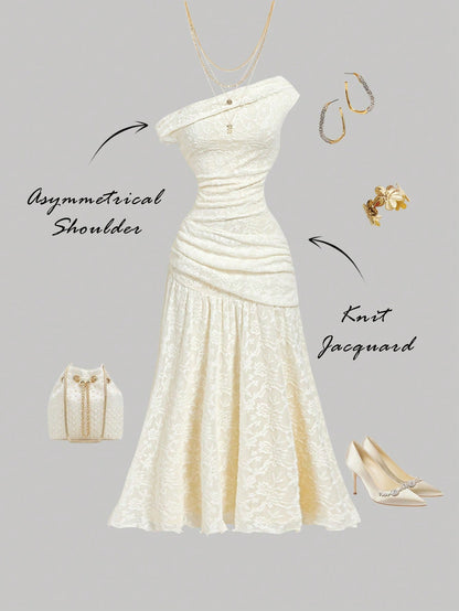 MOD Women's Elegant Romantic Cream Summer Asymmetric Long Dress,Knit Jacquard Minimalist Wedding Outfit,Wedding Guest Dinner Mother Of The Bride