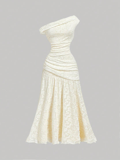 MOD Women's Elegant Romantic Cream Summer Asymmetric Long Dress,Knit Jacquard Minimalist Wedding Outfit,Wedding Guest Dinner Mother Of The Bride