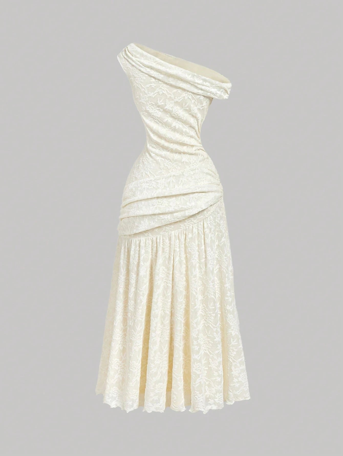 MOD Women's Elegant Romantic Cream Summer Asymmetric Long Dress,Knit Jacquard Minimalist Wedding Outfit,Wedding Guest Dinner Mother Of The Bride