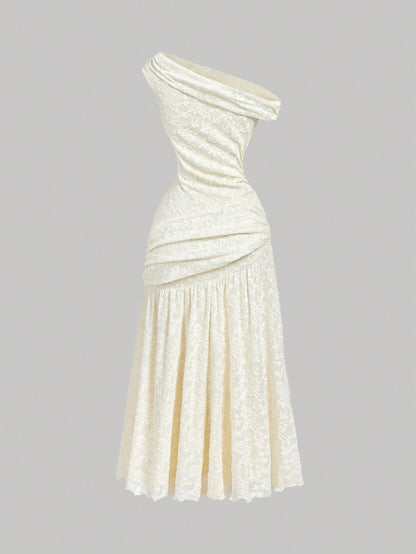 MOD Women's Elegant Romantic Cream Summer Asymmetric Long Dress,Knit Jacquard Minimalist Wedding Outfit,Wedding Guest Dinner Mother Of The Bride