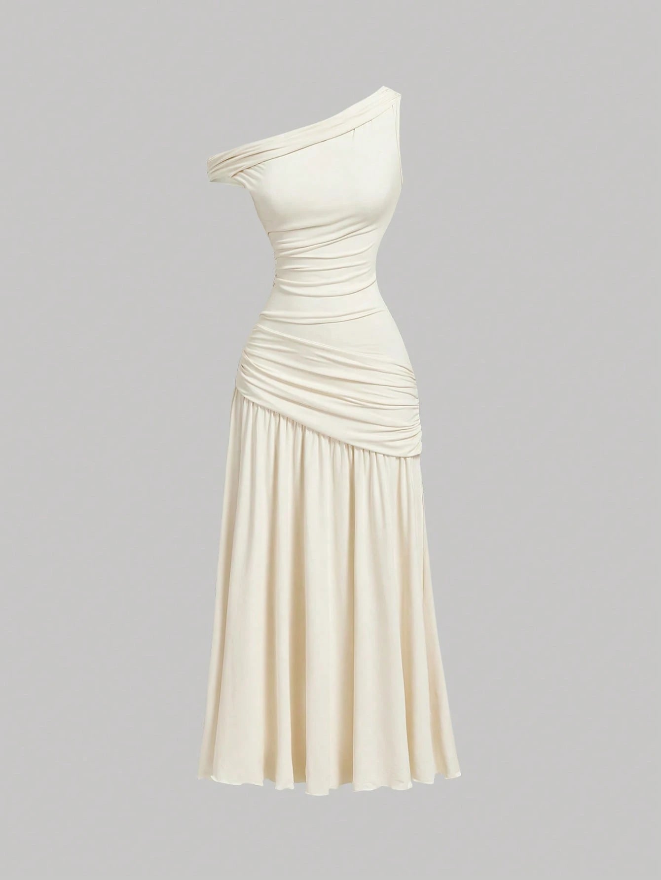 MOD Women's Elegant Romantic Cream Summer Asymmetric Long Dress,Knit Jacquard Minimalist Wedding Outfit,Wedding Guest Dinner Mother Of The Bride