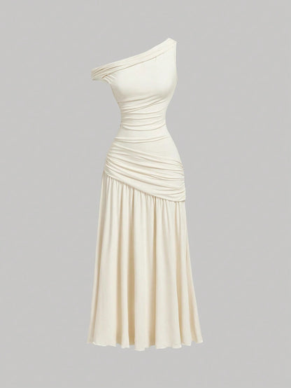 MOD Women's Elegant Romantic Cream Summer Asymmetric Long Dress,Knit Jacquard Minimalist Wedding Outfit,Wedding Guest Dinner Mother Of The Bride