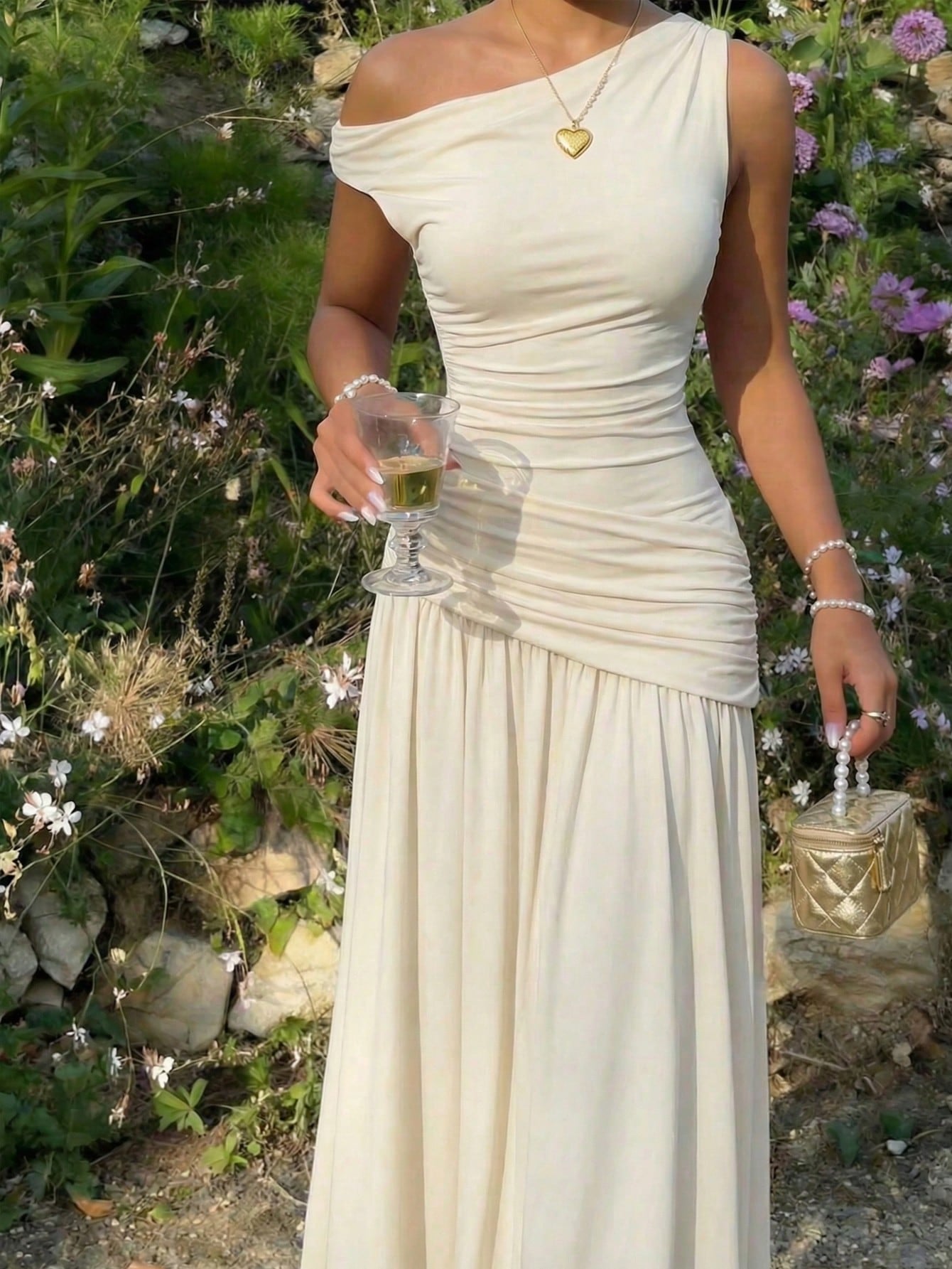 MOD Women's Elegant Romantic Cream Summer Asymmetric Long Dress,Knit Jacquard Minimalist Wedding Outfit,Wedding Guest Dinner Mother Of The Bride