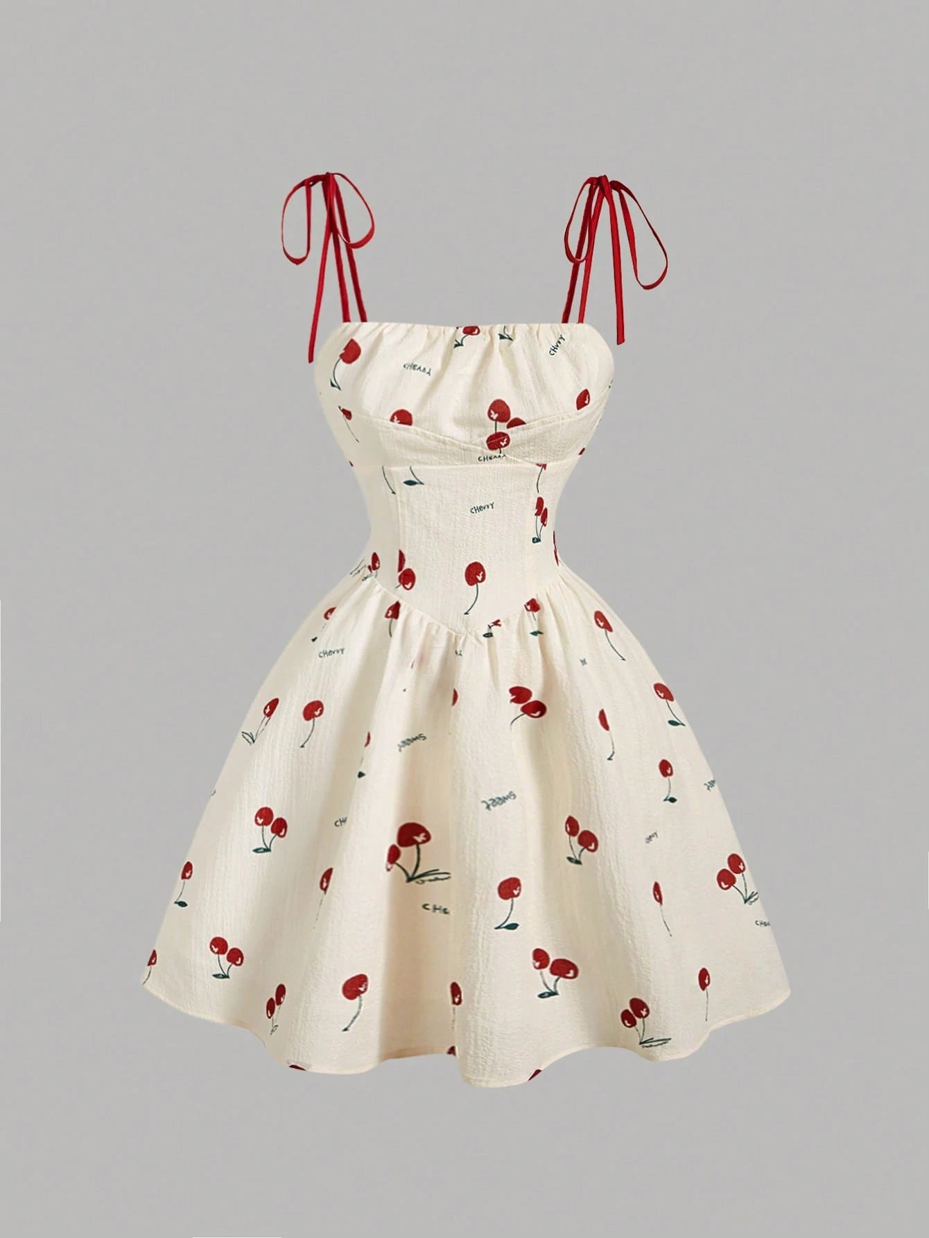 MOD Women's Ruched Bodice Bowknot Cherry Print Cropped Dress, Red And White Checkered, Summer, Modest Cute, Picnic, Vintage Elegant Tea Party Prom Dress