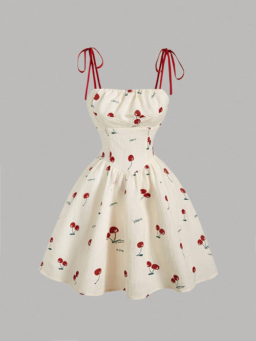 MOD Women's Ruched Bodice Bowknot Cherry Print Cropped Dress, Red And White Checkered, Summer, Modest Cute, Picnic, Vintage Elegant Tea Party Prom Dress