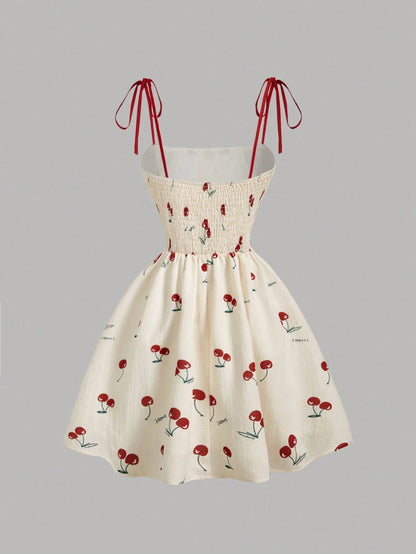 MOD Women's Ruched Bodice Bowknot Cherry Print Cropped Dress, Red And White Checkered, Summer, Modest Cute, Picnic, Vintage Elegant Tea Party Prom Dress