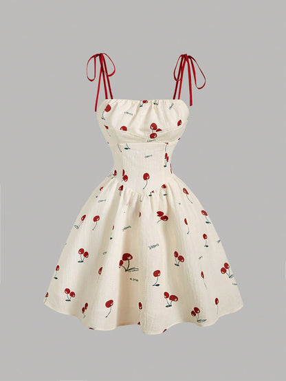 MOD Women's Ruched Bodice Bowknot Cherry Print Cropped Dress, Red And White Checkered, Summer, Modest Cute, Picnic, Vintage Elegant Tea Party Prom Dress