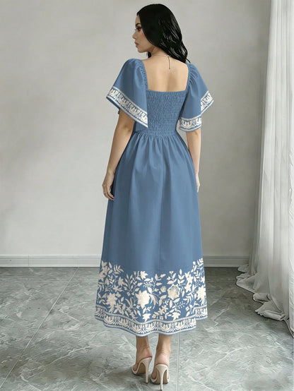Modelyn Floral Print Fashion Square Neck Cap Sleeve Midi Dress, Waist Cinched Mid-Length Dress, Floral Pattern Black Long Dress