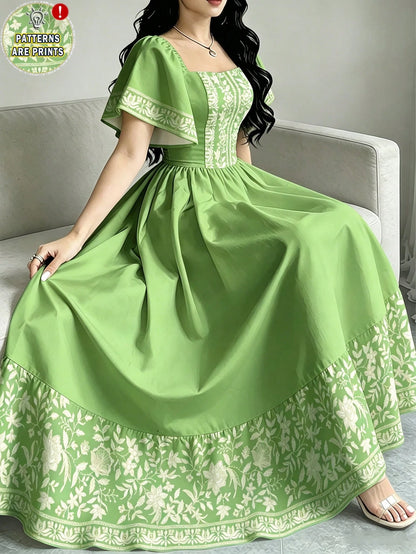 Modelyn Floral Print Fashion Square Neck Cap Sleeve Midi Dress, Waist Cinched Mid-Length Dress, Floral Pattern Black Long Dress