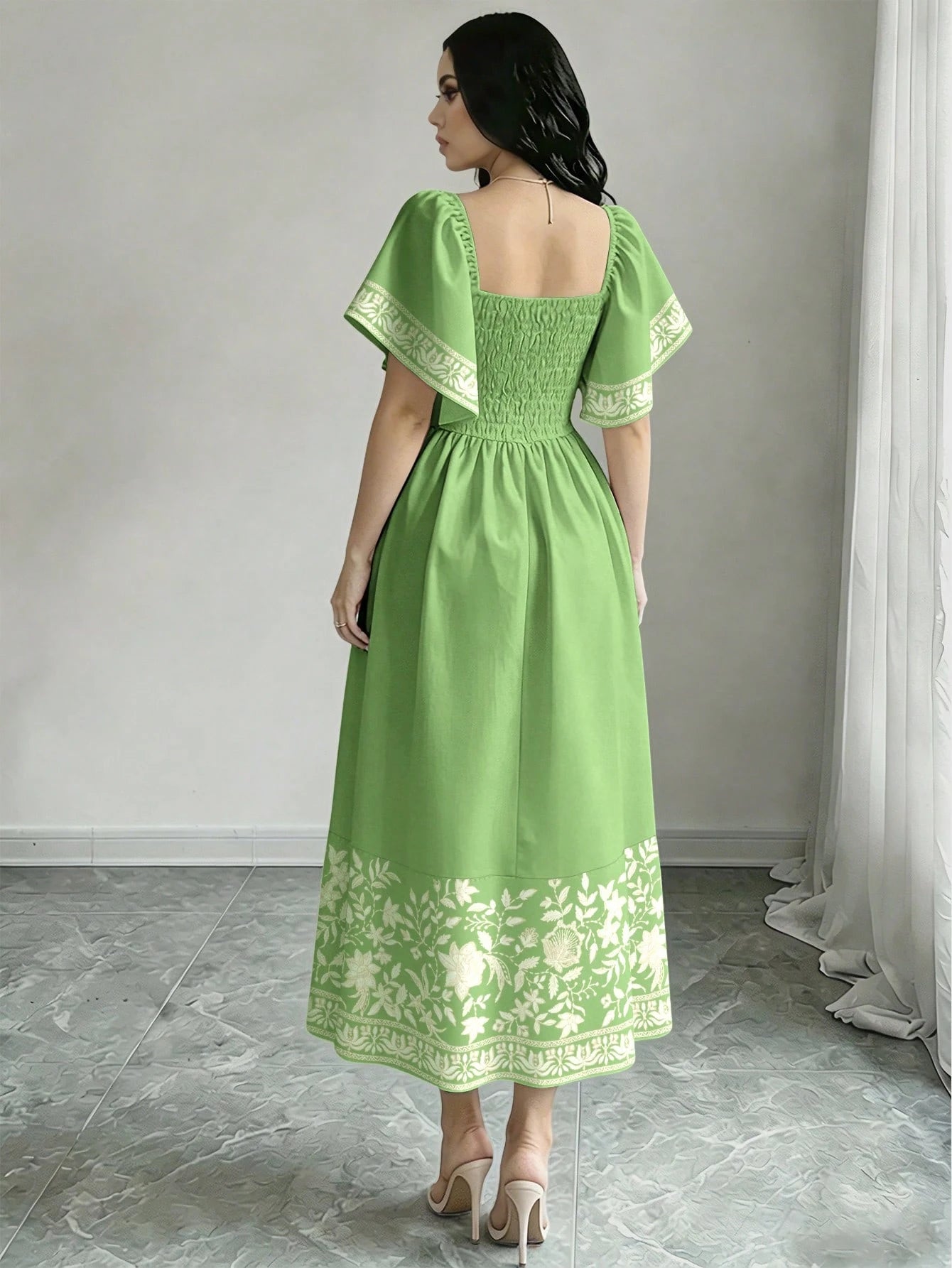 Modelyn Floral Print Fashion Square Neck Cap Sleeve Midi Dress, Waist Cinched Mid-Length Dress, Floral Pattern Black Long Dress