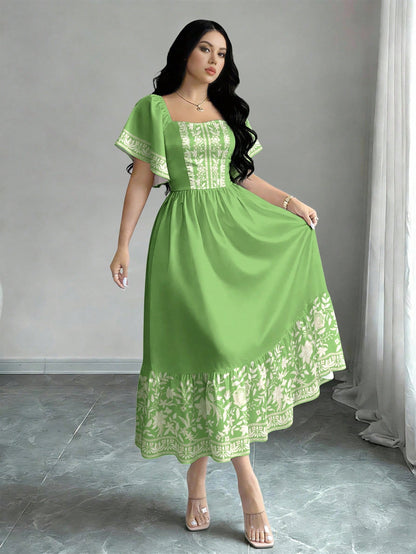 Modelyn Floral Print Fashion Square Neck Cap Sleeve Midi Dress, Waist Cinched Mid-Length Dress, Floral Pattern Black Long Dress