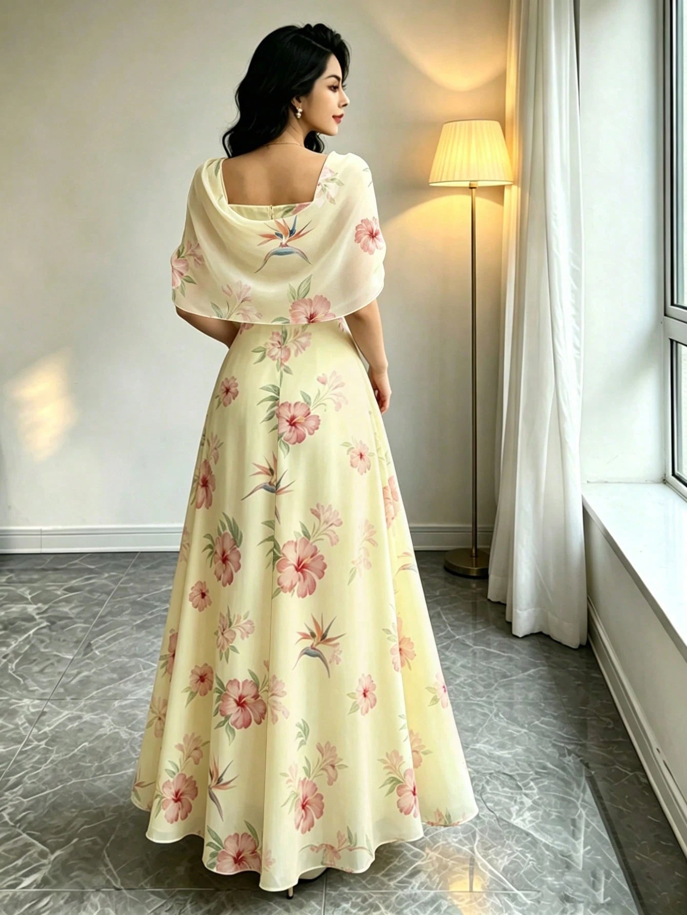 Modelyn Women's French Style Long Dress With Hibiscus And Bird Of Paradise Plant Pattern, Fashionable V-Neck Ruffle Shawl Design, Summer Waist-Cinching Double Layer Elegant Long Dress, Floral Plant Ye