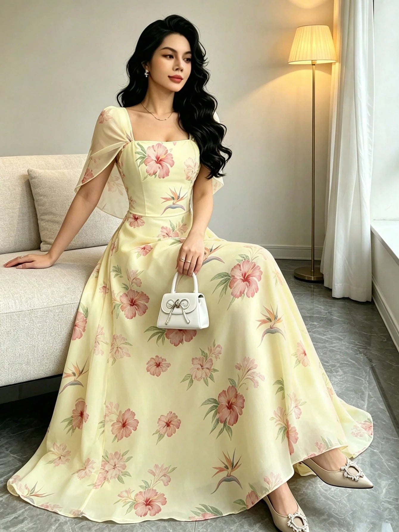 Modelyn Women's French Style Long Dress With Hibiscus And Bird Of Paradise Plant Pattern, Fashionable V-Neck Ruffle Shawl Design, Summer Waist-Cinching Double Layer Elegant Long Dress, Floral Plant Ye