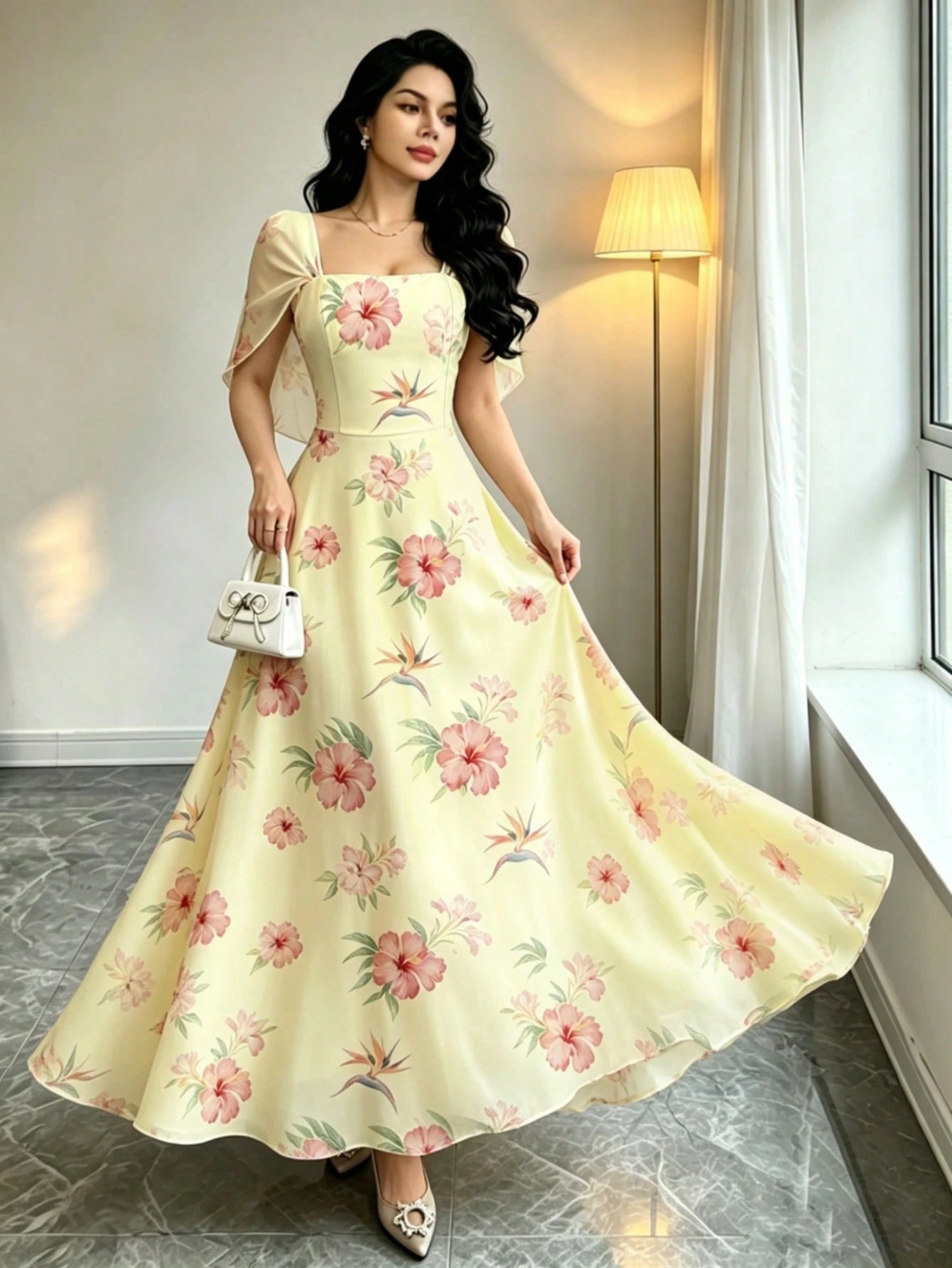 Modelyn Women's French Style Long Dress With Hibiscus And Bird Of Paradise Plant Pattern, Fashionable V-Neck Ruffle Shawl Design, Summer Waist-Cinching Double Layer Elegant Long Dress, Floral Plant Ye