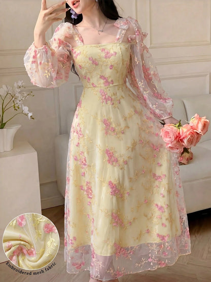 Modelyn Women's French Style Sweet & Ethereal Pink Mesh Tie-Up Dress
