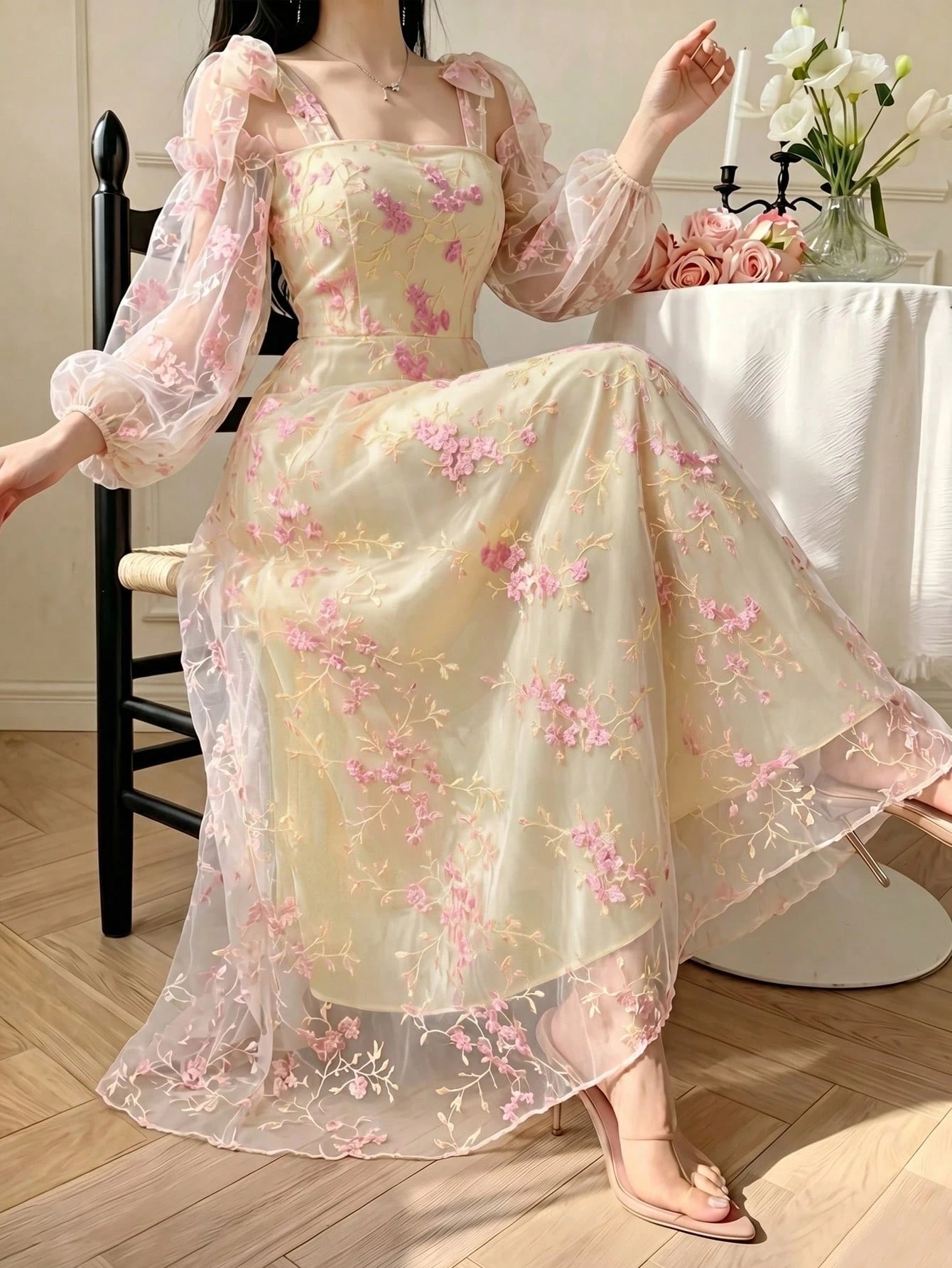 Modelyn Women's French Style Sweet & Ethereal Pink Mesh Tie-Up Dress