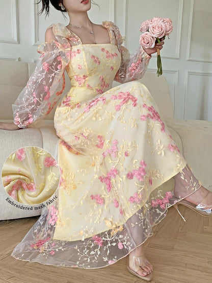 Modelyn Women's French Style Sweet & Ethereal Pink Mesh Tie-Up Dress
