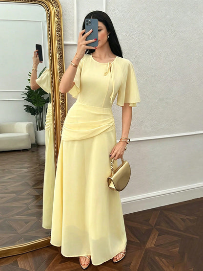 Modelyn Women's Ruched Waist Concealed Belly Flared Fall Yellow Long Dress