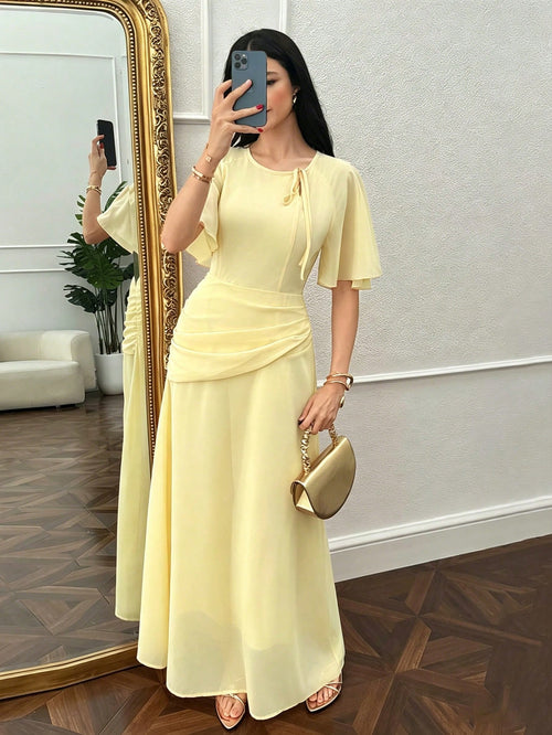 Modelyn Women's Ruched Waist Concealed Belly Flared Fall Yellow Long Dress