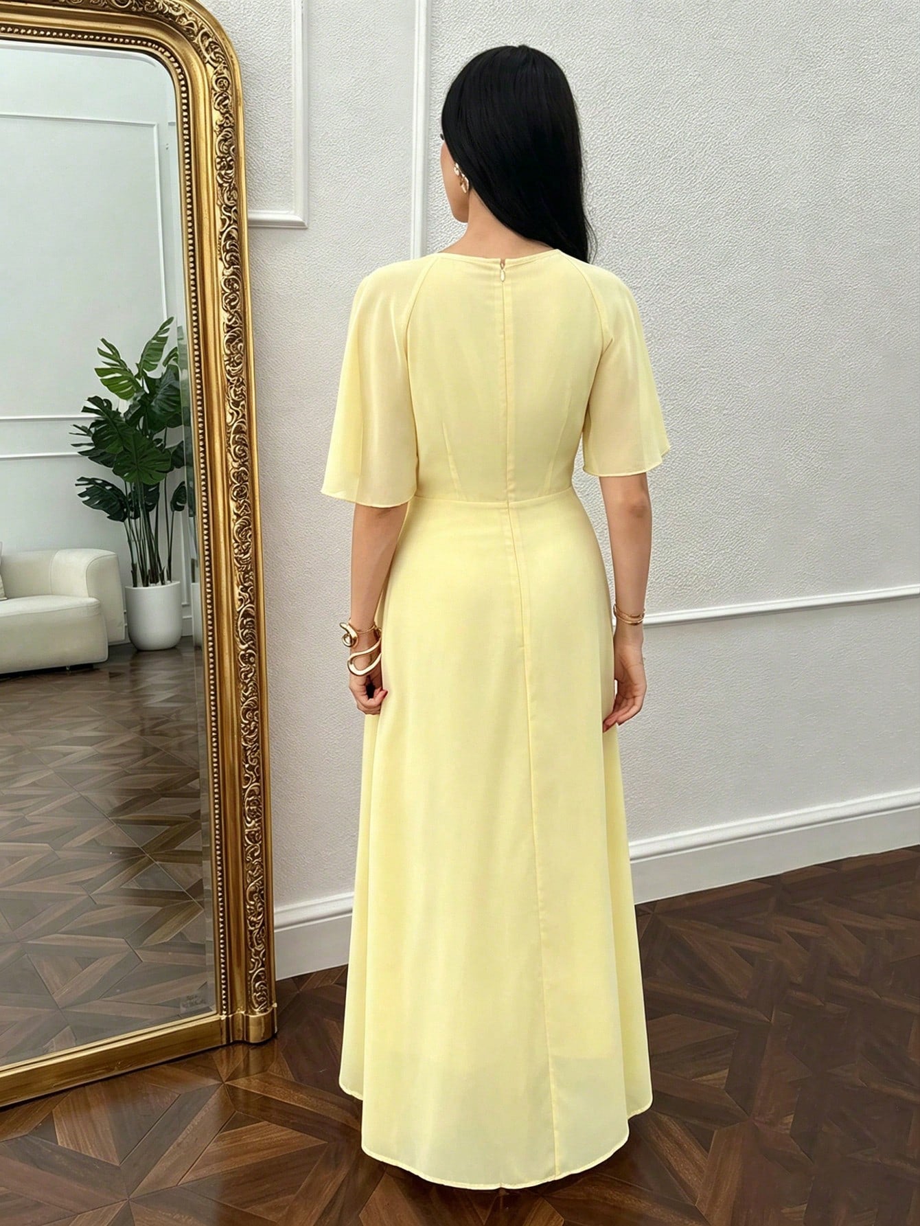 Modelyn Women's Ruched Waist Concealed Belly Flared Fall Yellow Long Dress