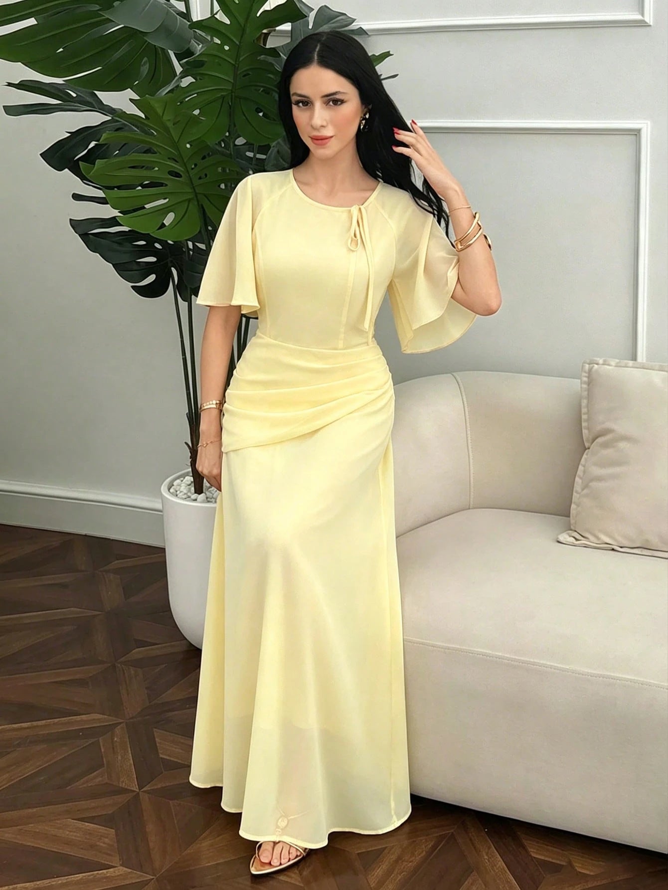 Modelyn Women's Ruched Waist Concealed Belly Flared Fall Yellow Long Dress