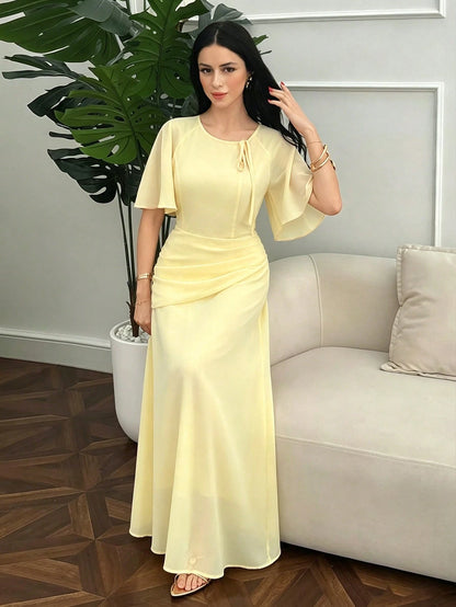 Modelyn Women's Ruched Waist Concealed Belly Flared Fall Yellow Long Dress
