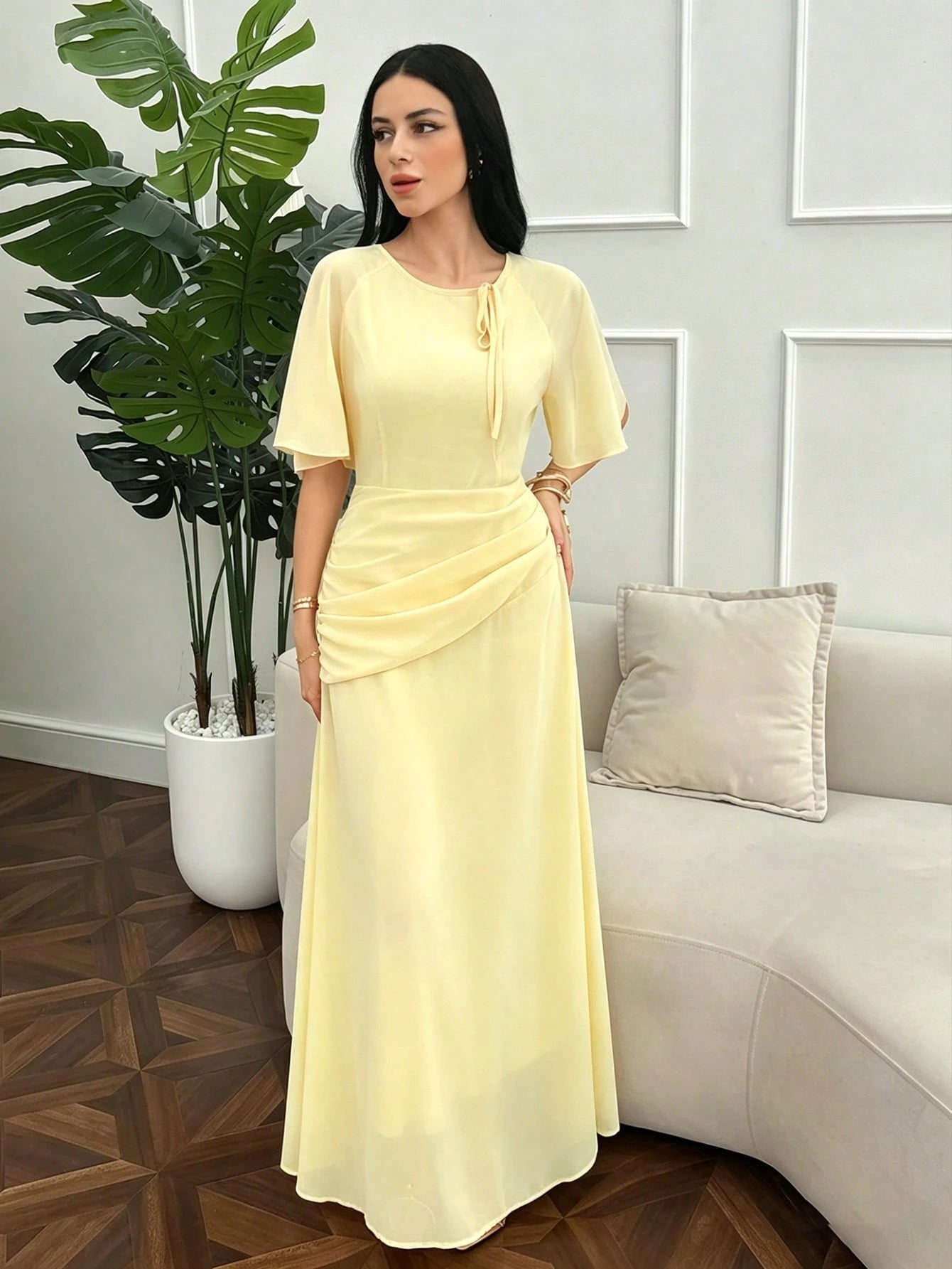 Modelyn Women's Ruched Waist Concealed Belly Flared Fall Yellow Long Dress