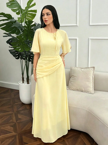 Modelyn Women's Ruched Waist Concealed Belly Flared Fall Yellow Long Dress
