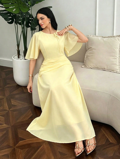 Modelyn Women's Ruched Waist Concealed Belly Flared Fall Yellow Long Dress