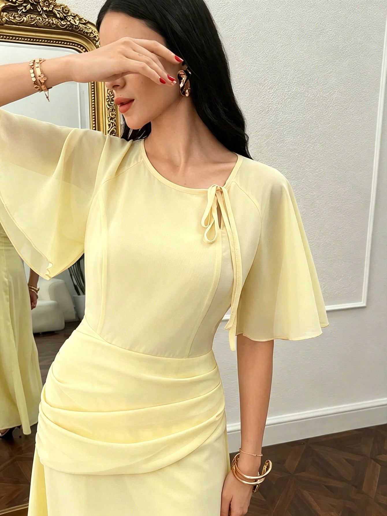 Modelyn Women's Ruched Waist Concealed Belly Flared Fall Yellow Long Dress
