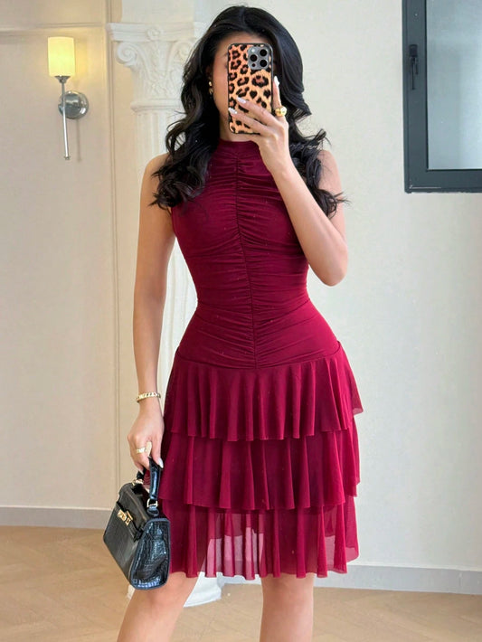 Modelyn Women's Solid Color Minimalist Sleeveless Elegant Ruffle Hem Dress, Everyday Wear Dark Red Maroon Burgundy Valentine's Day Dresses For Party Layered