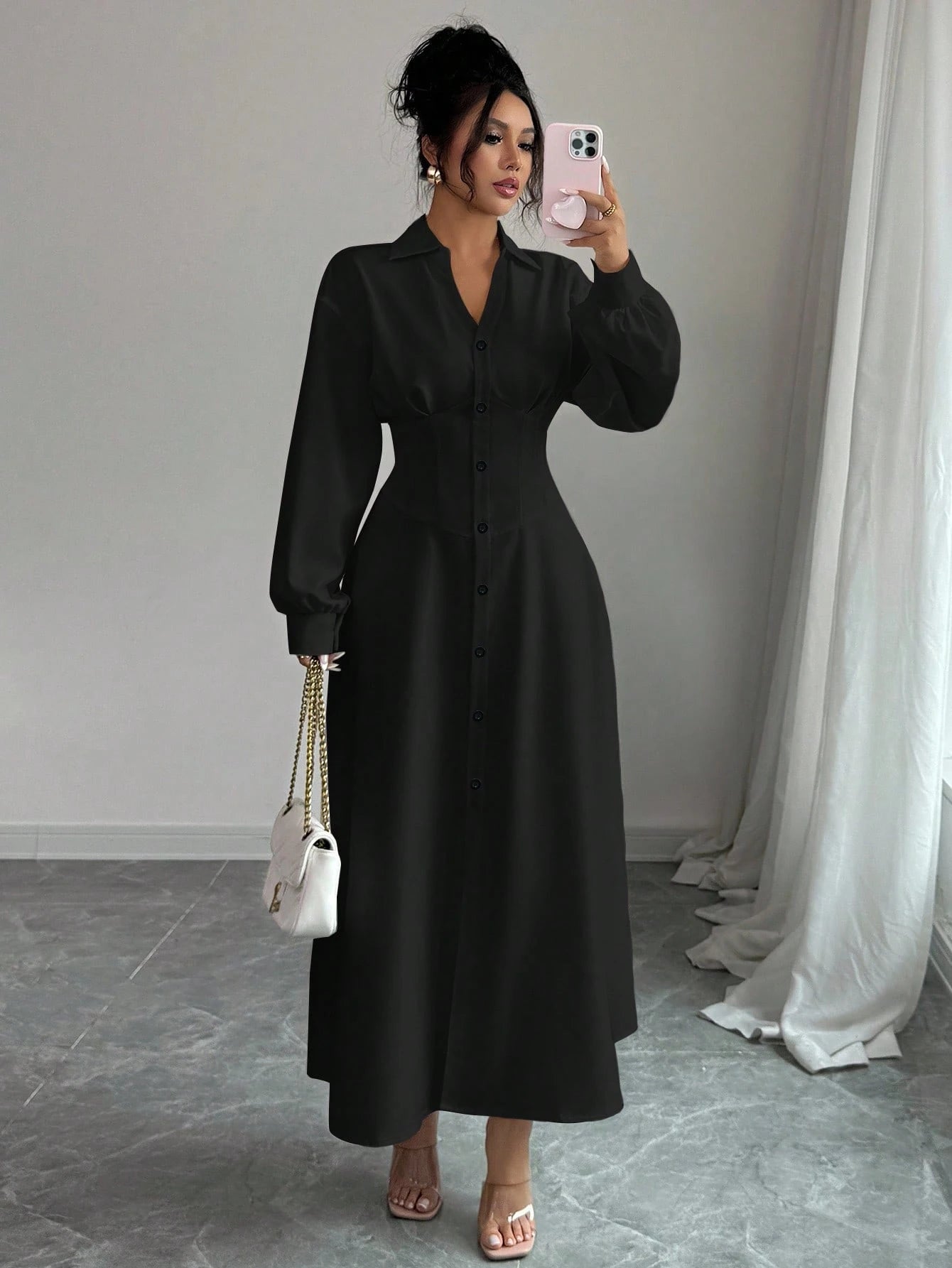 Modelyn Women's White Waist Cinched Shirt Collar Design Dress Fall Cloth For Women