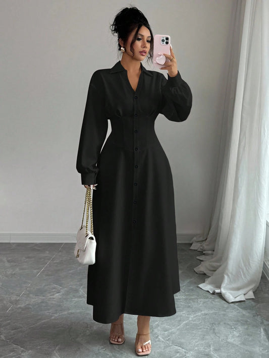 Modelyn Women's White Waist Cinched Shirt Collar Design Dress Fall Cloth For Women