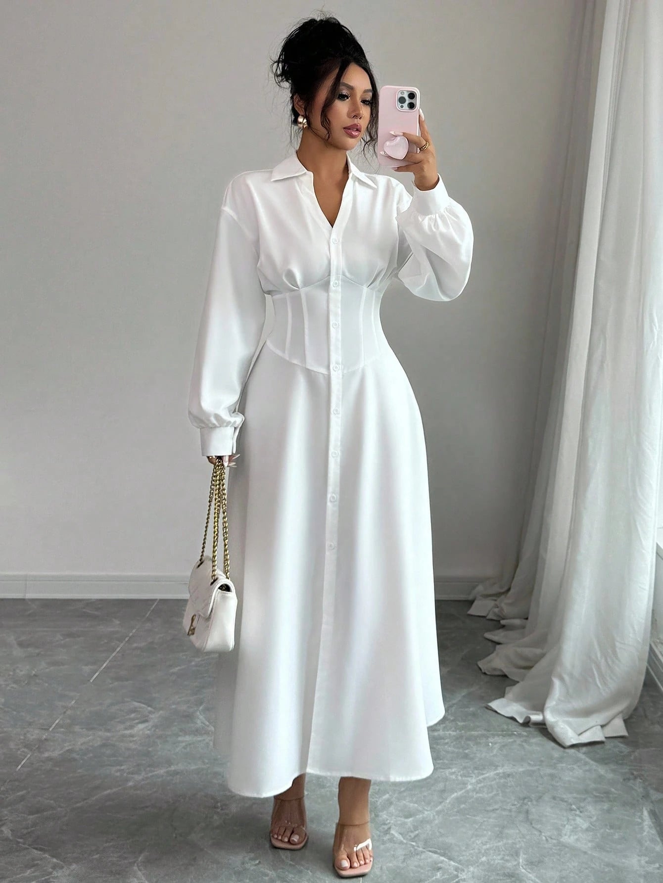 Modelyn Women's White Waist Cinched Shirt Collar Design Dress Fall Cloth For Women