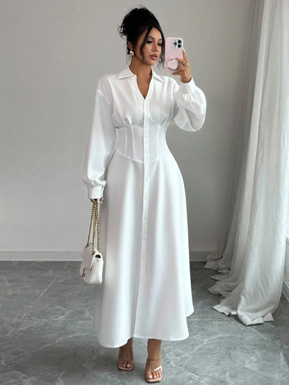 Modelyn Women's White Waist Cinched Shirt Collar Design Dress Fall Cloth For Women
