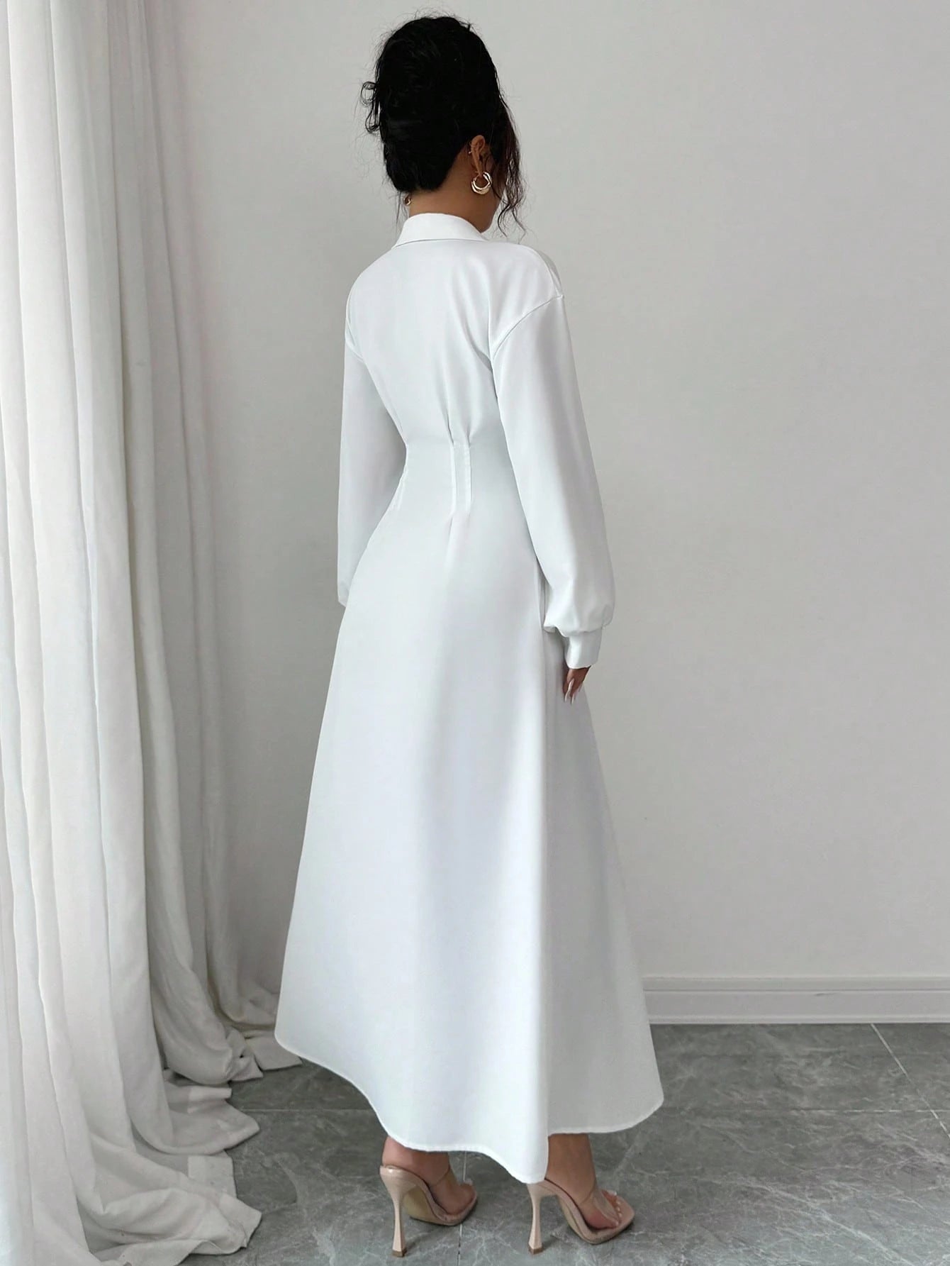 Modelyn Women's White Waist Cinched Shirt Collar Design Dress Fall Cloth For Women