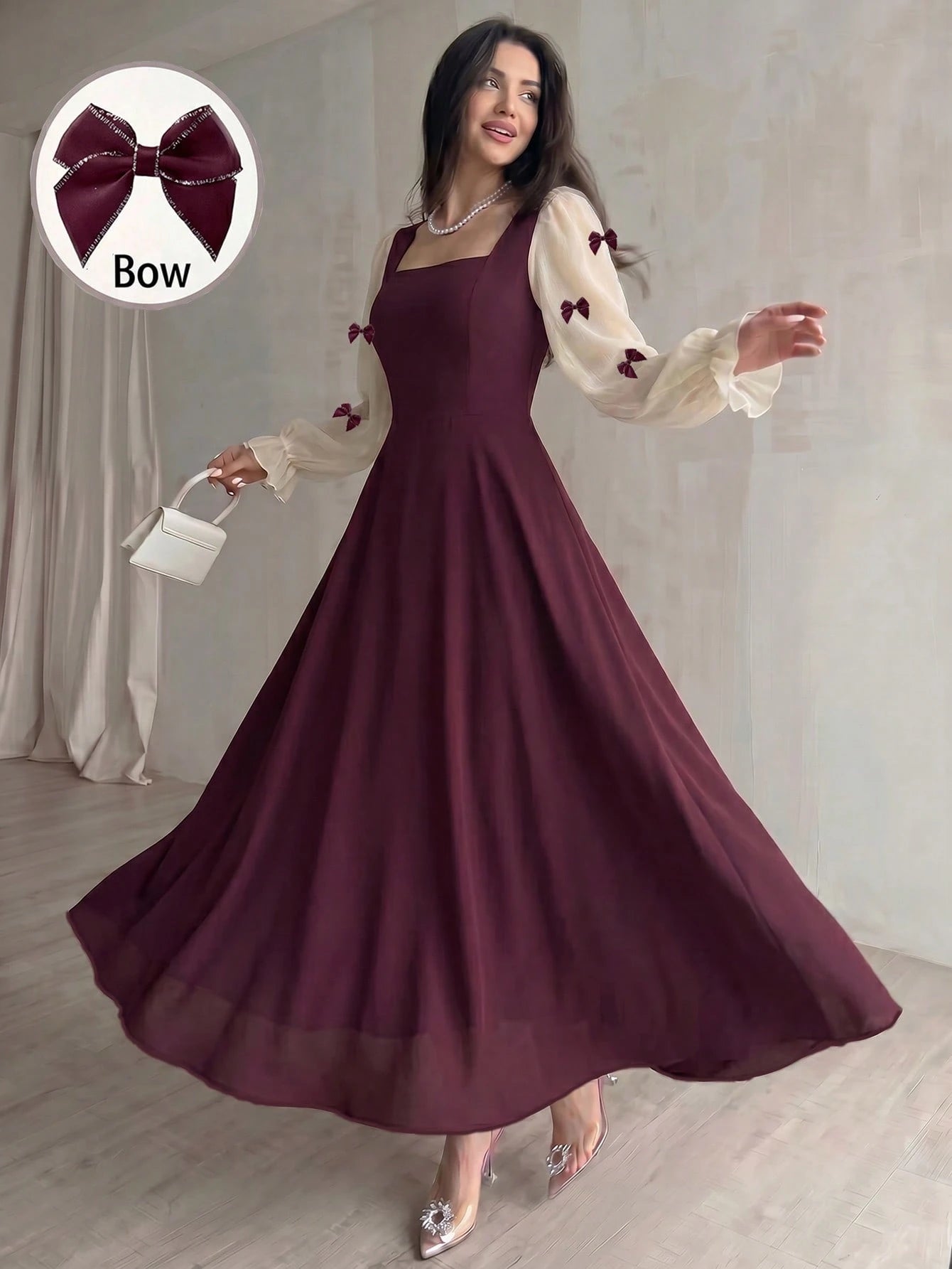 Modelyn Women Summer Elegant Burgundy Autumn Dress,Mixed Fabric Patchwork Square Neck Chiffon Puff Sleeves Bow Applique Midi Maxi Dress For Party Anniversary