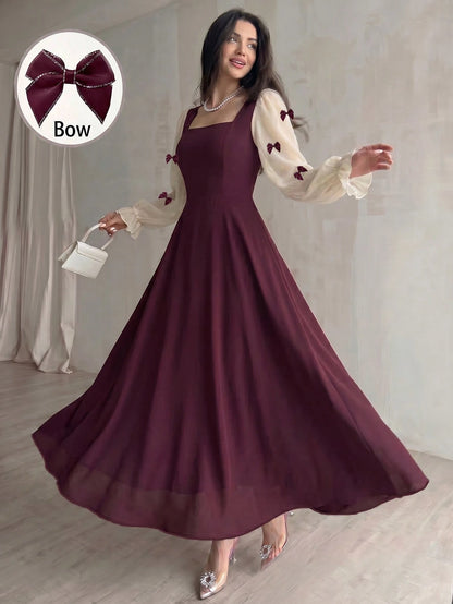 Modelyn Women Summer Elegant Burgundy Autumn Dress,Mixed Fabric Patchwork Square Neck Chiffon Puff Sleeves Bow Applique Midi Maxi Dress For Party Anniversary