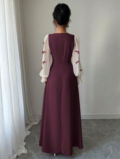 Modelyn Women Summer Elegant Burgundy Autumn Dress,Mixed Fabric Patchwork Square Neck Chiffon Puff Sleeves Bow Applique Midi Maxi Dress For Party Anniversary