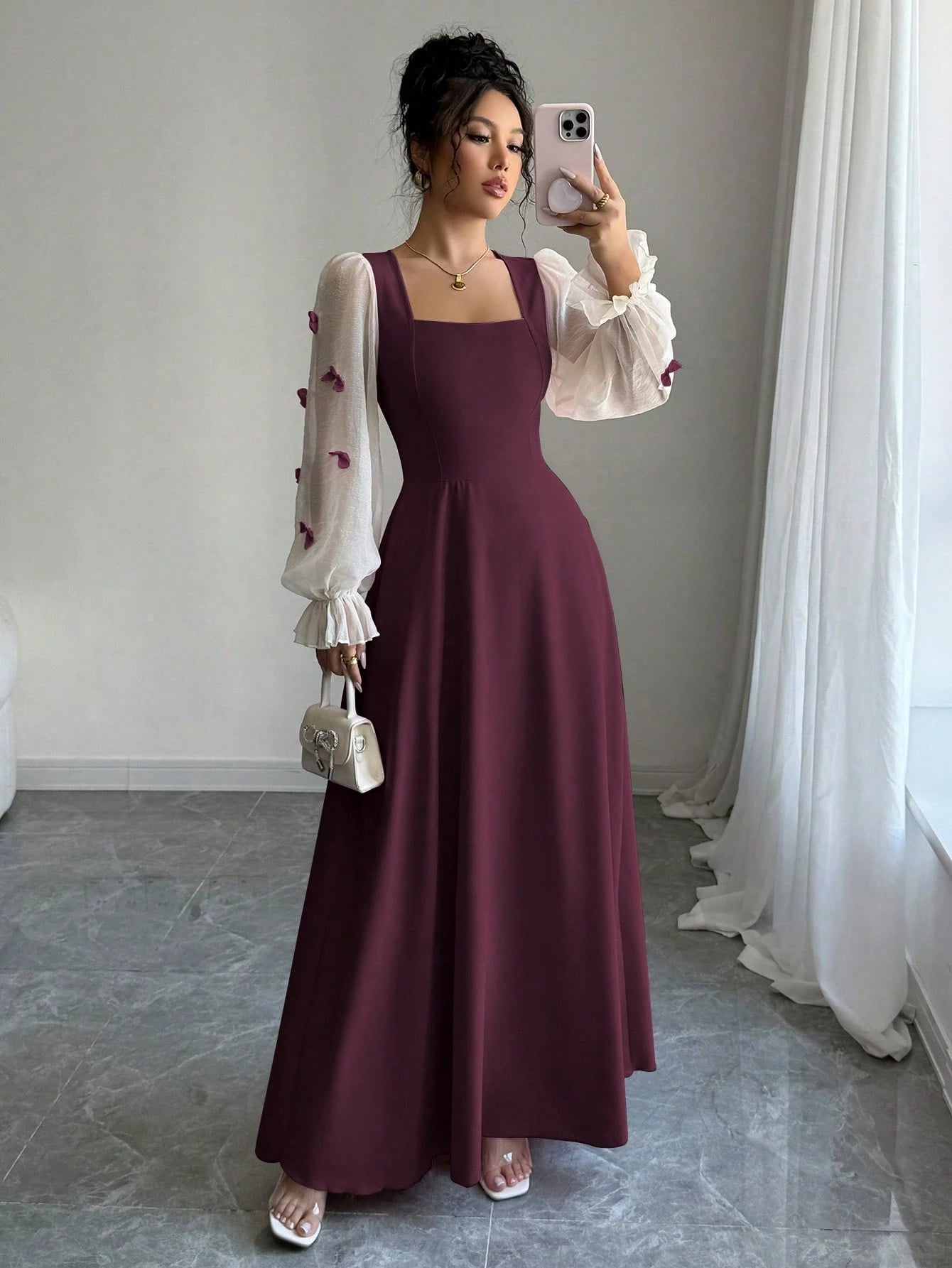 Modelyn Women Summer Elegant Burgundy Autumn Dress,Mixed Fabric Patchwork Square Neck Chiffon Puff Sleeves Bow Applique Midi Maxi Dress For Party Anniversary