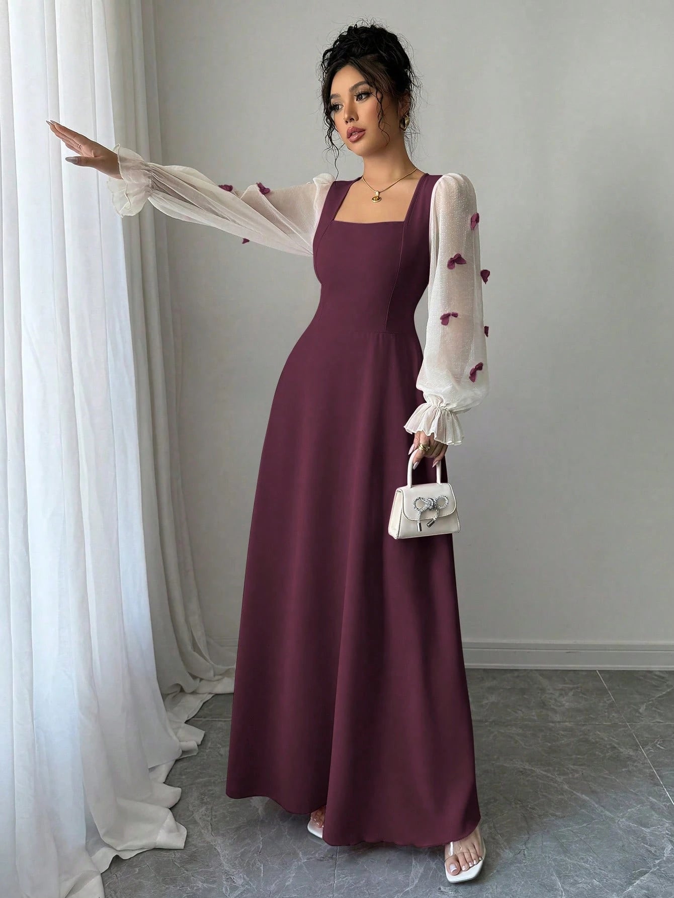 Modelyn Women Summer Elegant Burgundy Autumn Dress,Mixed Fabric Patchwork Square Neck Chiffon Puff Sleeves Bow Applique Midi Maxi Dress For Party Anniversary