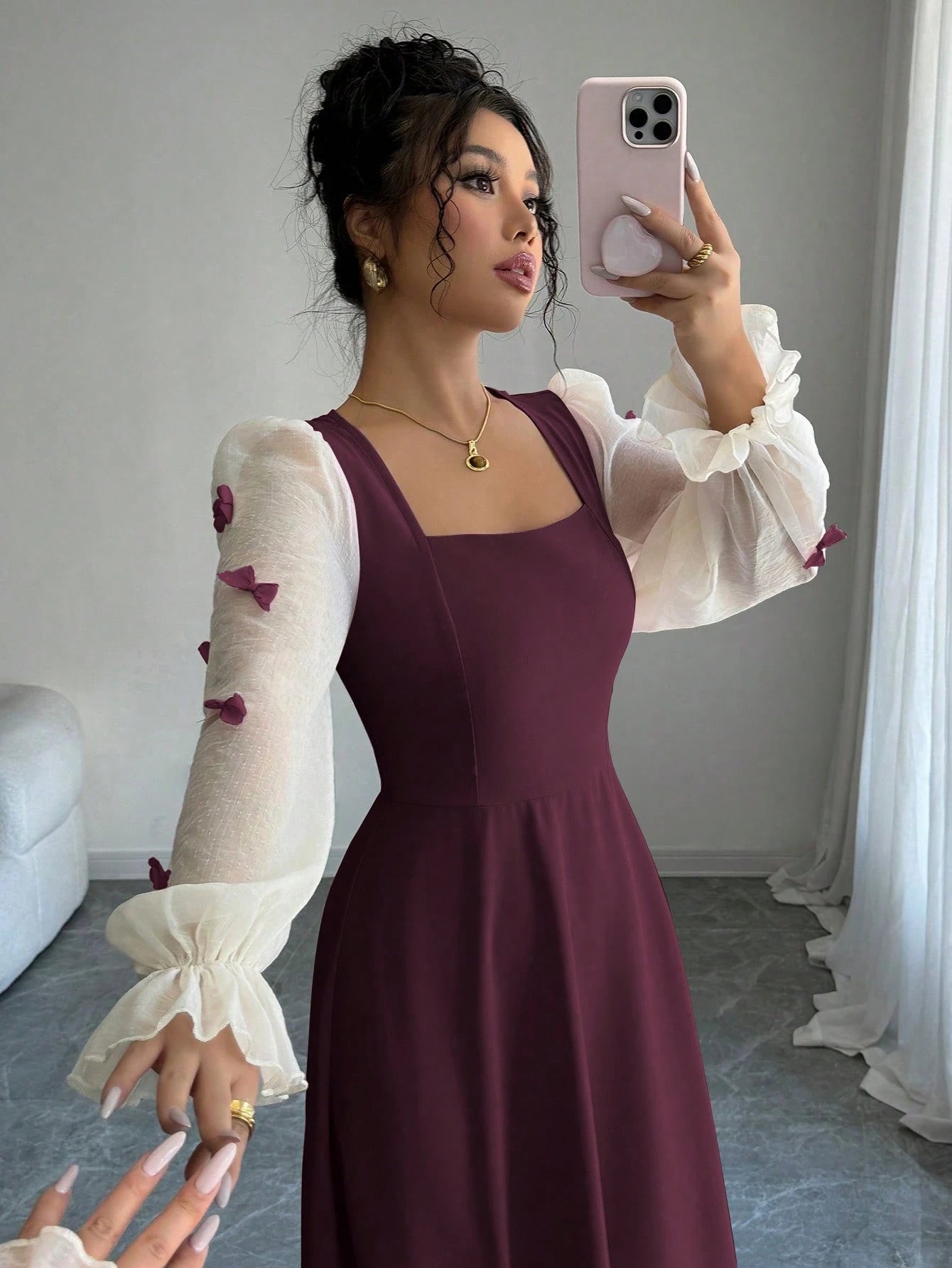 Modelyn Women Summer Elegant Burgundy Autumn Dress,Mixed Fabric Patchwork Square Neck Chiffon Puff Sleeves Bow Applique Midi Maxi Dress For Party Anniversary