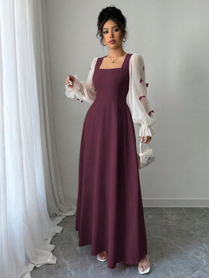 Modelyn Women Summer Elegant Burgundy Autumn Dress,Mixed Fabric Patchwork Square Neck Chiffon Puff Sleeves Bow Applique Midi Maxi Dress For Party Anniversary