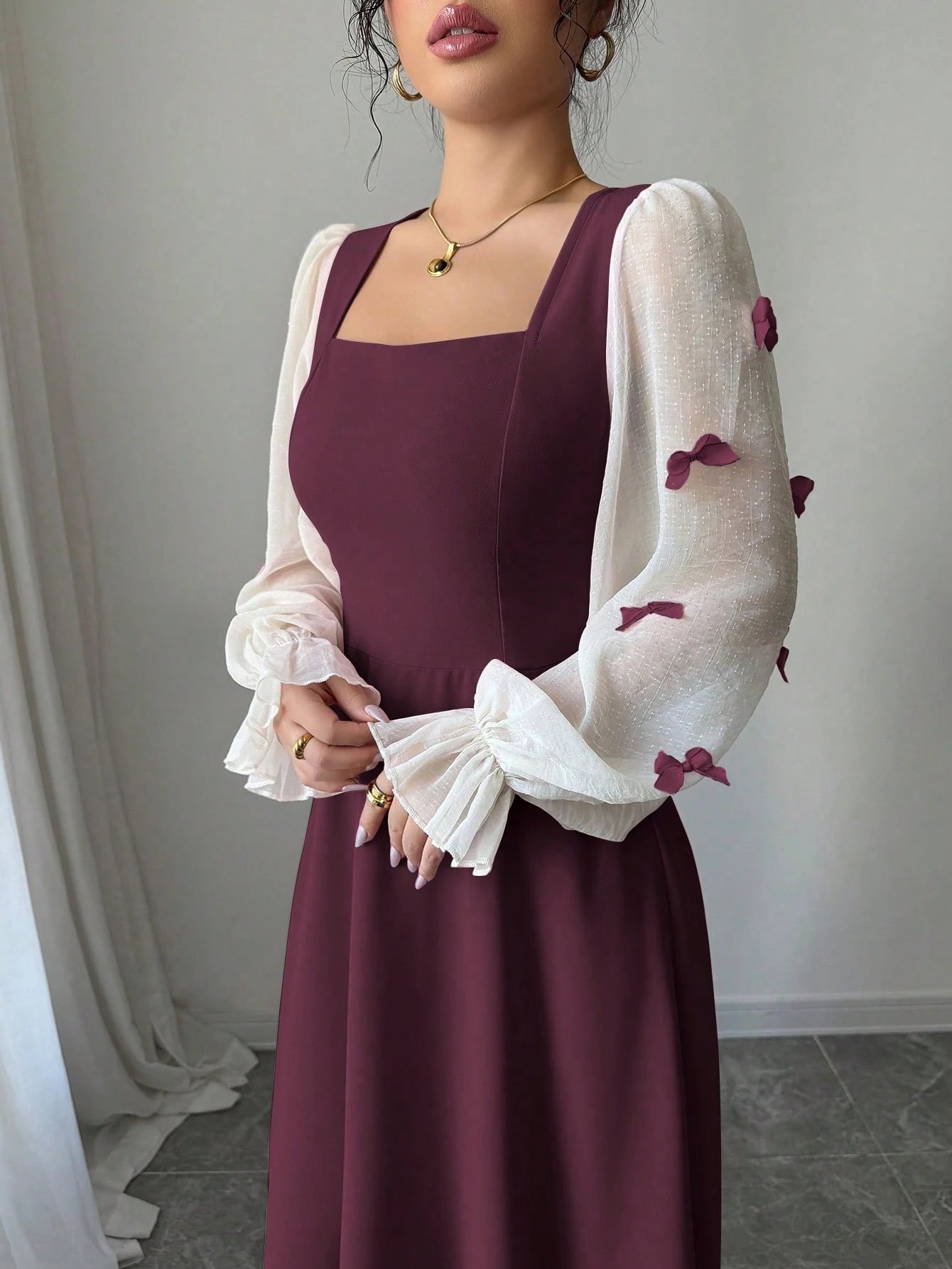 Modelyn Women Summer Elegant Burgundy Autumn Dress,Mixed Fabric Patchwork Square Neck Chiffon Puff Sleeves Bow Applique Midi Maxi Dress For Party Anniversary