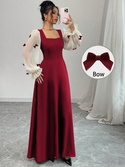 Modelyn Women Summer Elegant Burgundy Autumn Dress,Mixed Fabric Patchwork Square Neck Chiffon Puff Sleeves Bow Applique Midi Maxi Dress For Party Anniversary
