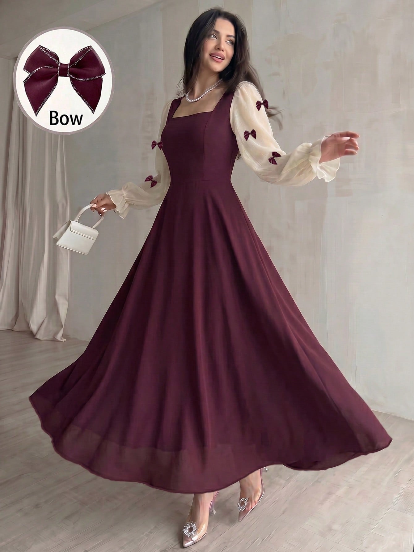 Modelyn Women Summer Elegant Burgundy Autumn Dress,Mixed Fabric Patchwork Square Neck Chiffon Puff Sleeves Bow Applique Midi Maxi Dress For Party Anniversary