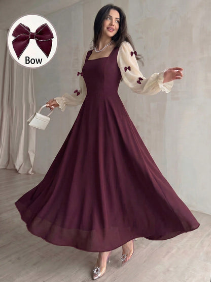 Modelyn Women Summer Elegant Burgundy Autumn Dress,Mixed Fabric Patchwork Square Neck Chiffon Puff Sleeves Bow Applique Midi Maxi Dress For Party Anniversary