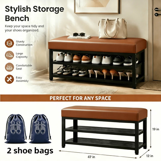 Modern Entryway Shoe Bench With A Thick, Soft Cushion, Shoe Rack And Shoe Storage Organizer, Easy-To-Install Metal Frame-- Ideal Choice For Bedroom Or Hallway.