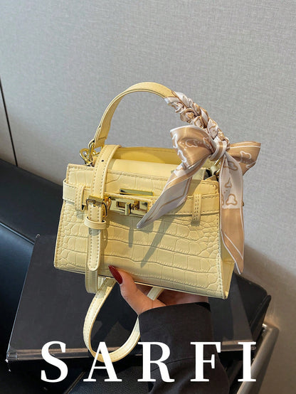 Modern  Silk Scarf Decor Women's Handbag  Unique Crocodile Embossed Fabric Shoulder Bag, Adjustable Strap, Versatile Urban Commuter Style  Yellow